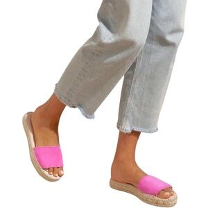 MANEBI EUC Hamptons Suede double sole slides in Bold Pink Size 9.5